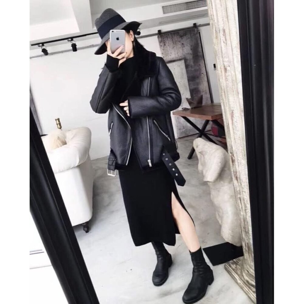 🆕Women Black Faux Shearling Moto Jacket Thick Lined Winter Leather Coat Parka - Picture 6 of 7